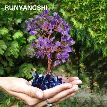 1tk Looduslik Ametüst Õnnelik Puu Purple Gem, kes Soovivad Puu Vikerkaar Aura Crystal Klastri Baasi Energia Ornament Tervise Kingitus