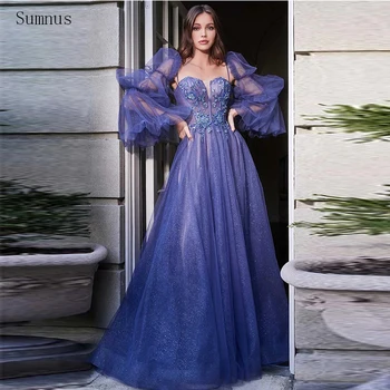 Sumnus Lavendel Elegantne Prom Kleidid Pits Appliques Glitter Ronida Volt Lace Up Pikk Eemaldatavad Varrukad Õhtukleidid, 2023