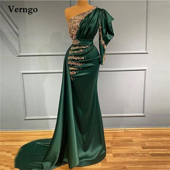 Verngo Emerald Roheline Satiin Merineitsi Õhtul Kleidid Ühe Õla Applique Helmed Pleats Pikk Ballile Hommikumantlid Dubai Naiste Ametliku Kleit